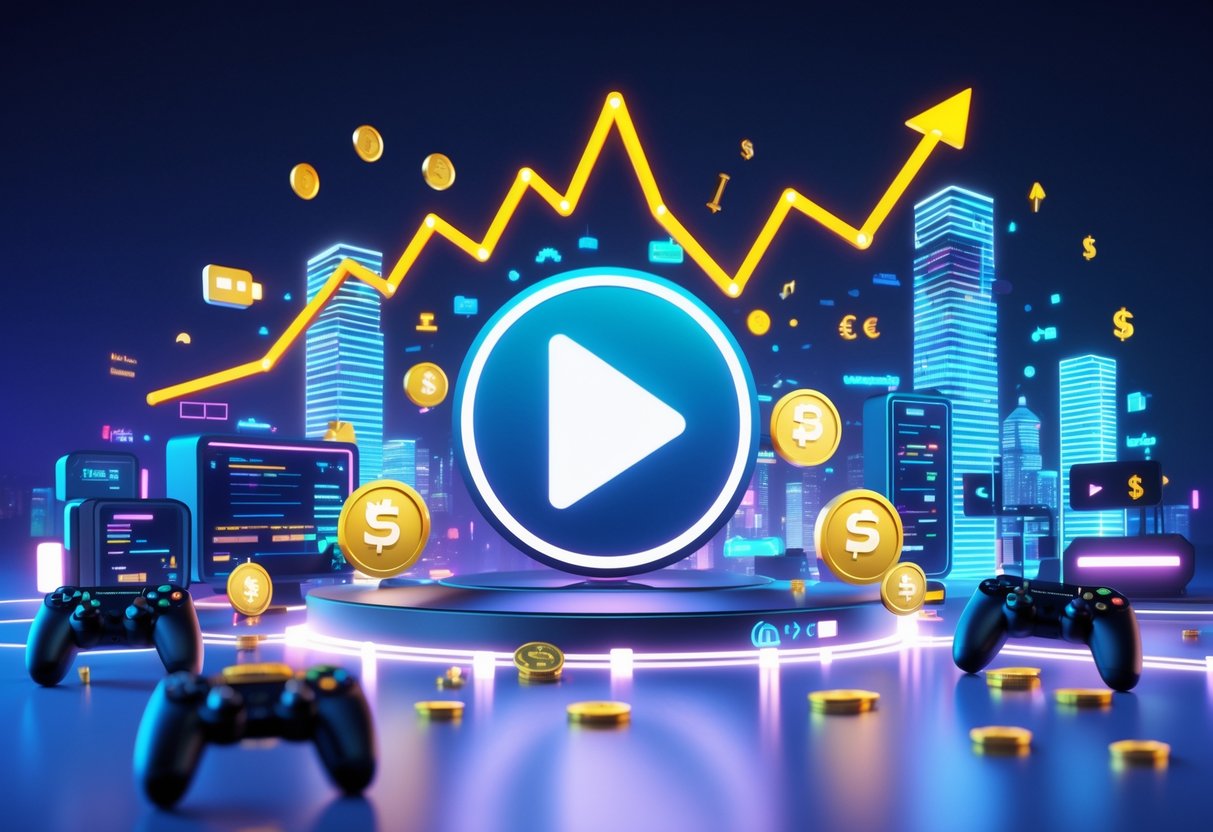 A 3D scene showing a large YouTube Shorts play button surrounded by gaming controllers, characters, rising graphs, and coins, set against a futuristic cityscape of neon-lit buildings shaped like gaming devices.