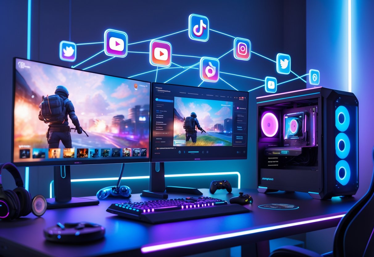 A gaming desk with multiple screens showing fast gaming clips and floating social media icons representing sharing across platforms.