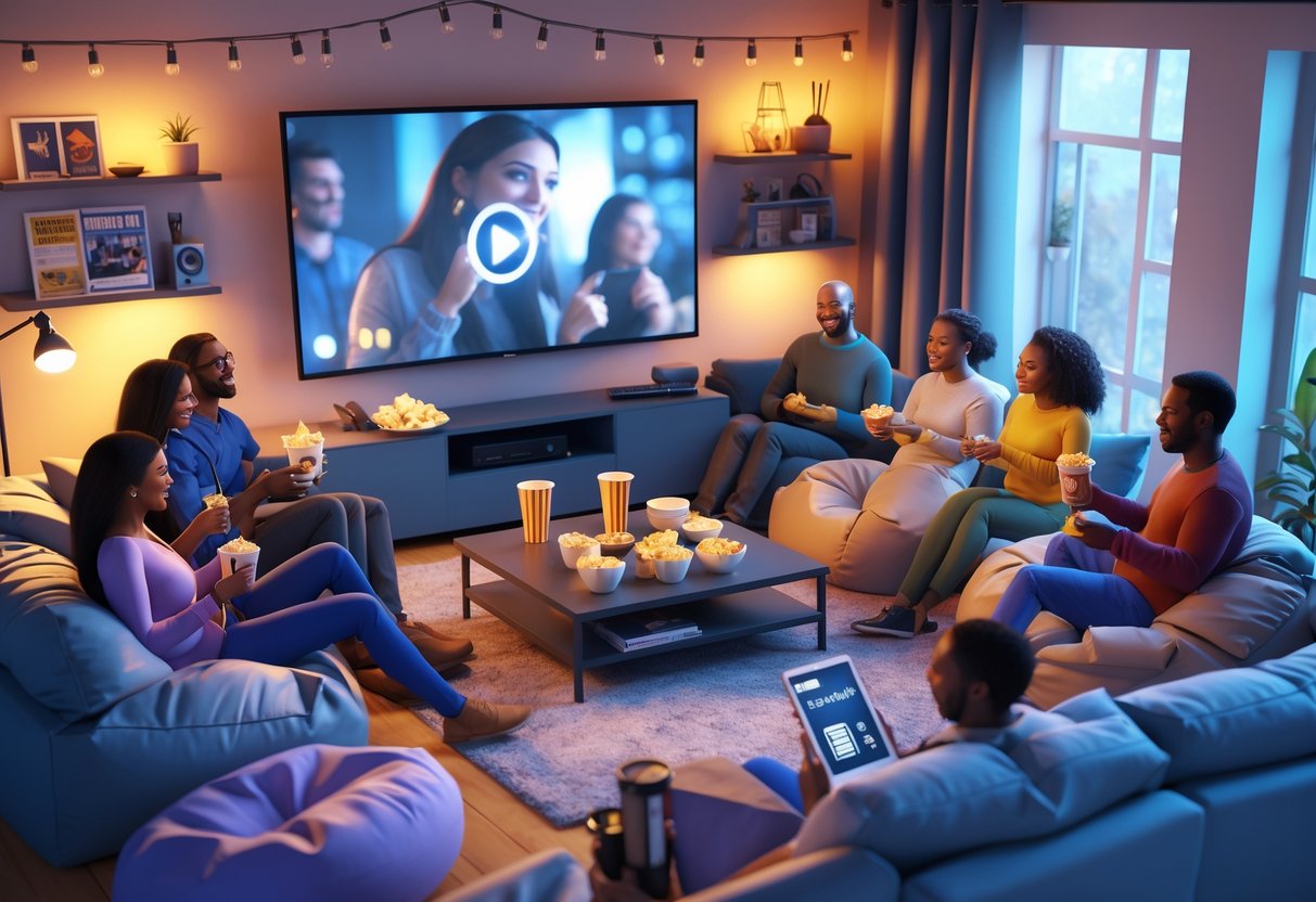 A group of friends sitting in a living room around a TV, enjoying a watch party with snacks and drinks.