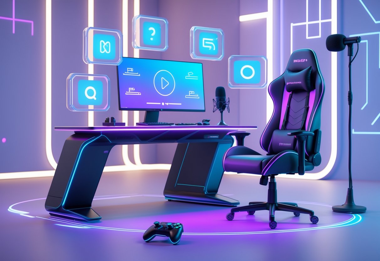 A futuristic gaming desk with glowing screens and gaming equipment in a softly lit room.