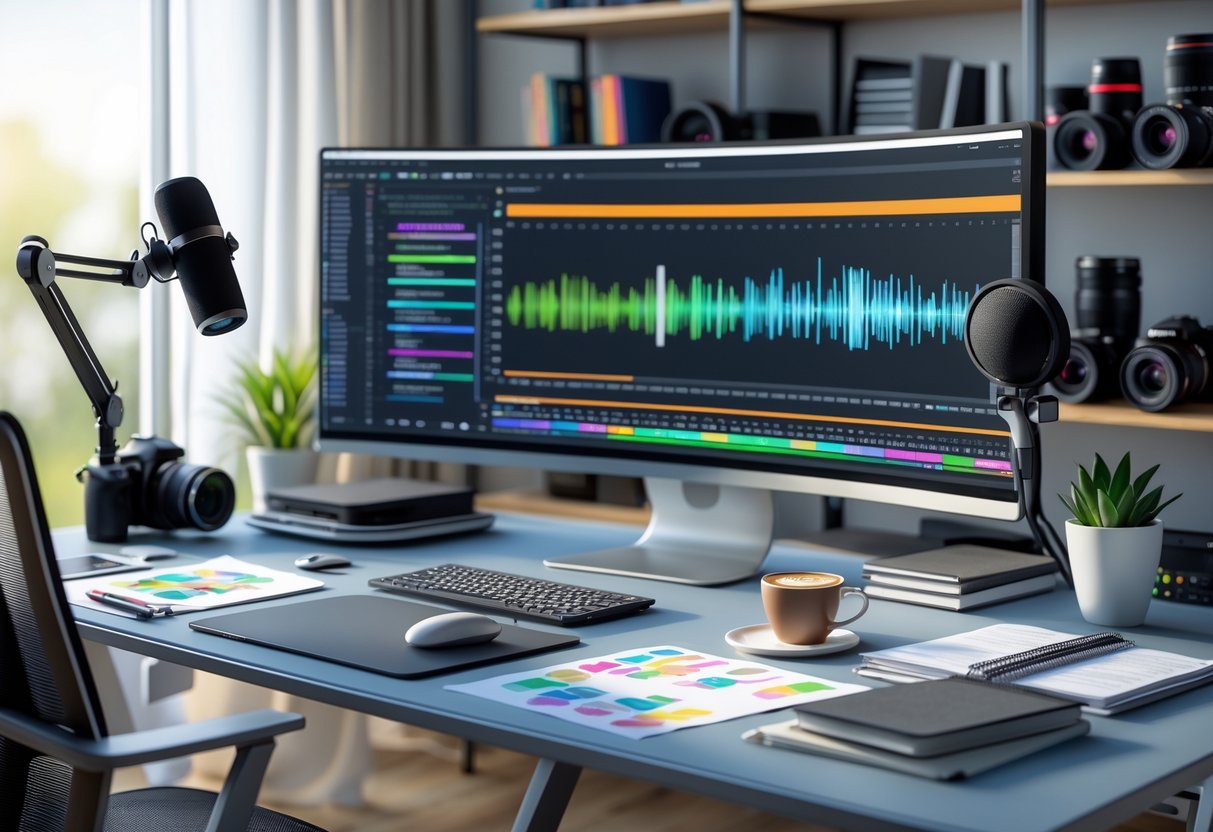 A 3D rendered workspace with a curved monitor showing a video editing timeline, surrounded by editing tools, storyboard sheets, and video production equipment on a desk.