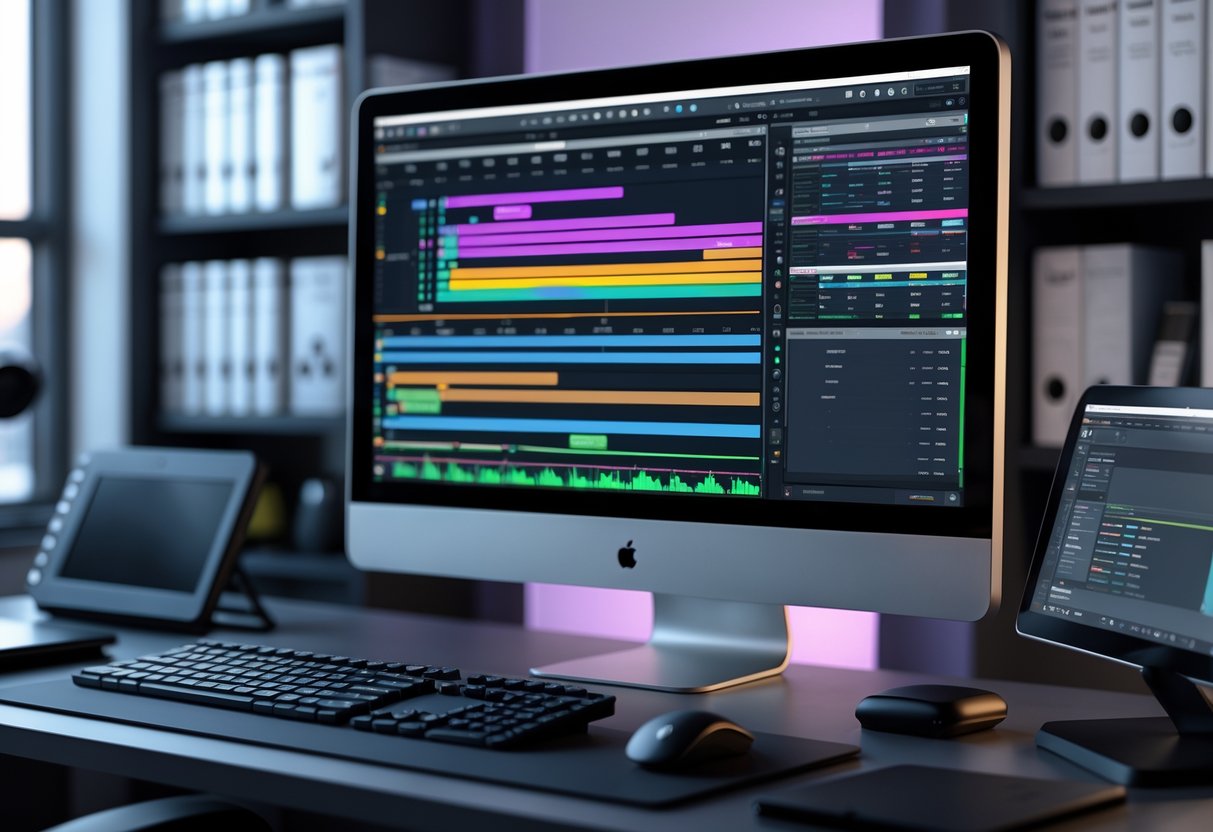 A workspace with a computer showing a video editing timeline and editing tools, surrounded by video editing equipment and books.
