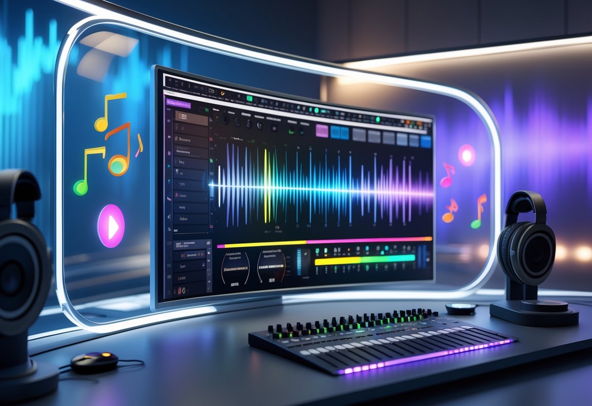 A 3D scene showing a digital audio workstation with waveforms, headphones, a microphone, and a mixing console in a modern editing studio.
