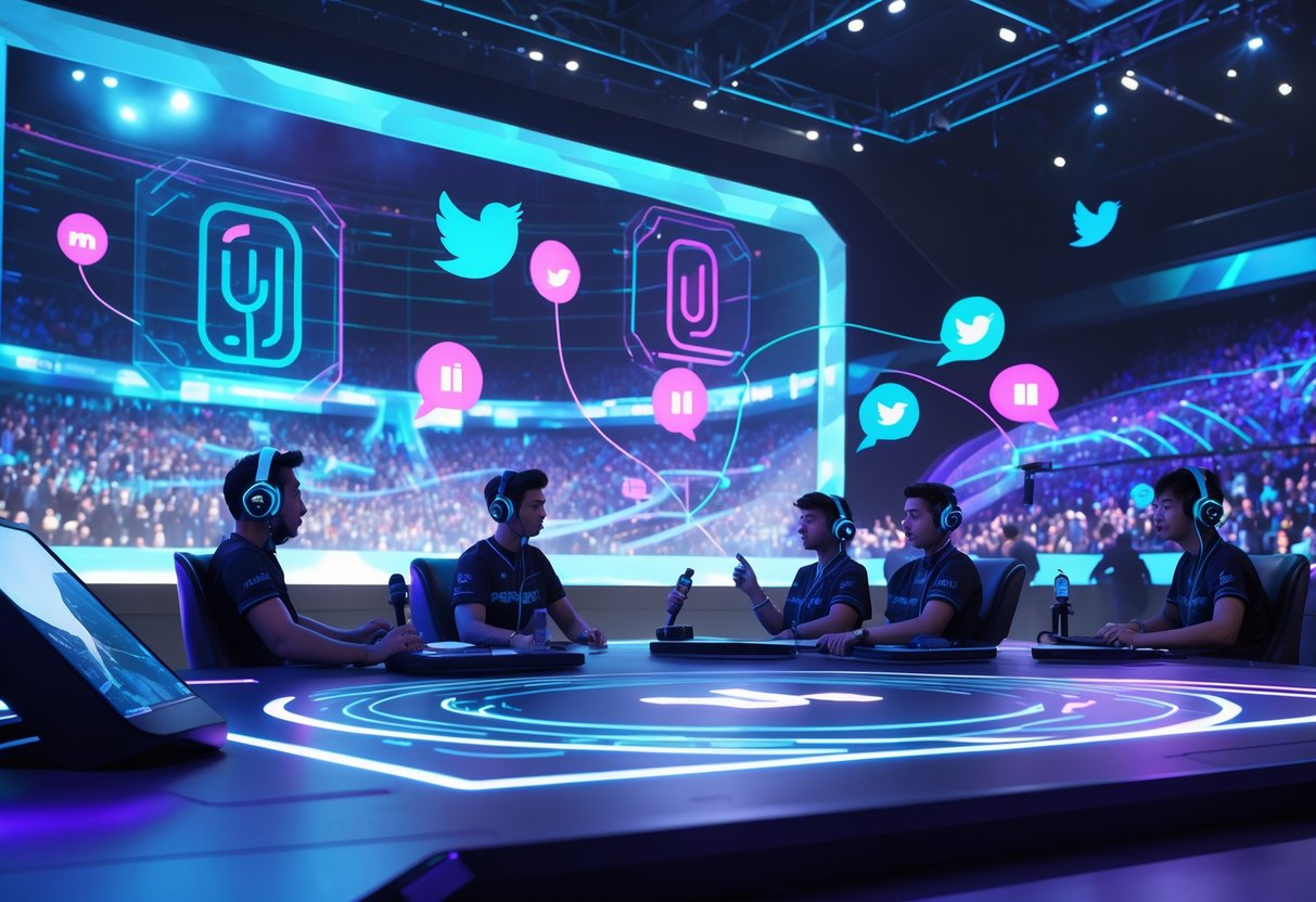 A 3D scene of esports players wearing headsets on a digital stage with floating sound wave visuals and a crowd in a neon-lit stadium.