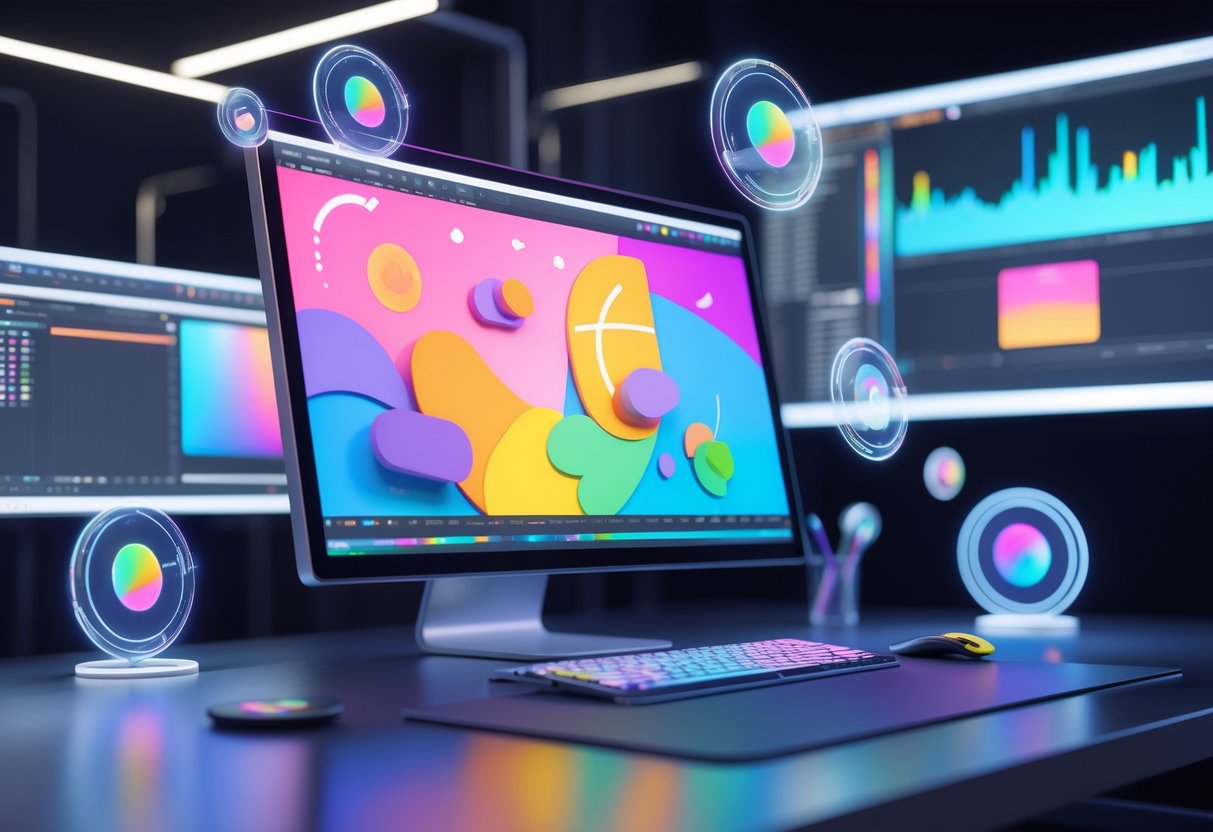 A 3D scene of a digital editing workspace with a computer showing colourful graphic elements and floating icons representing creative editing tools.