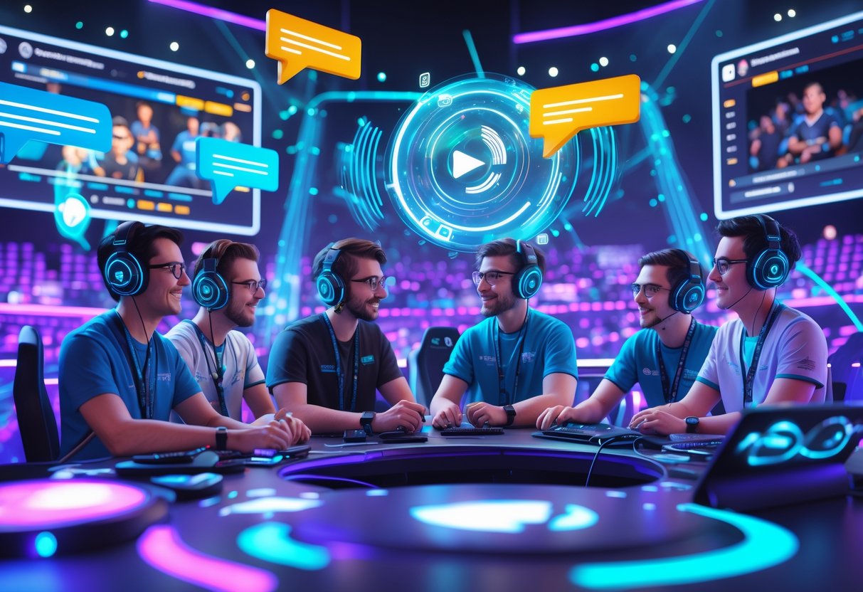 A futuristic esports arena with gamers and commentators wearing headsets, surrounded by holographic sound waves and digital displays showing gameplay and reactions.