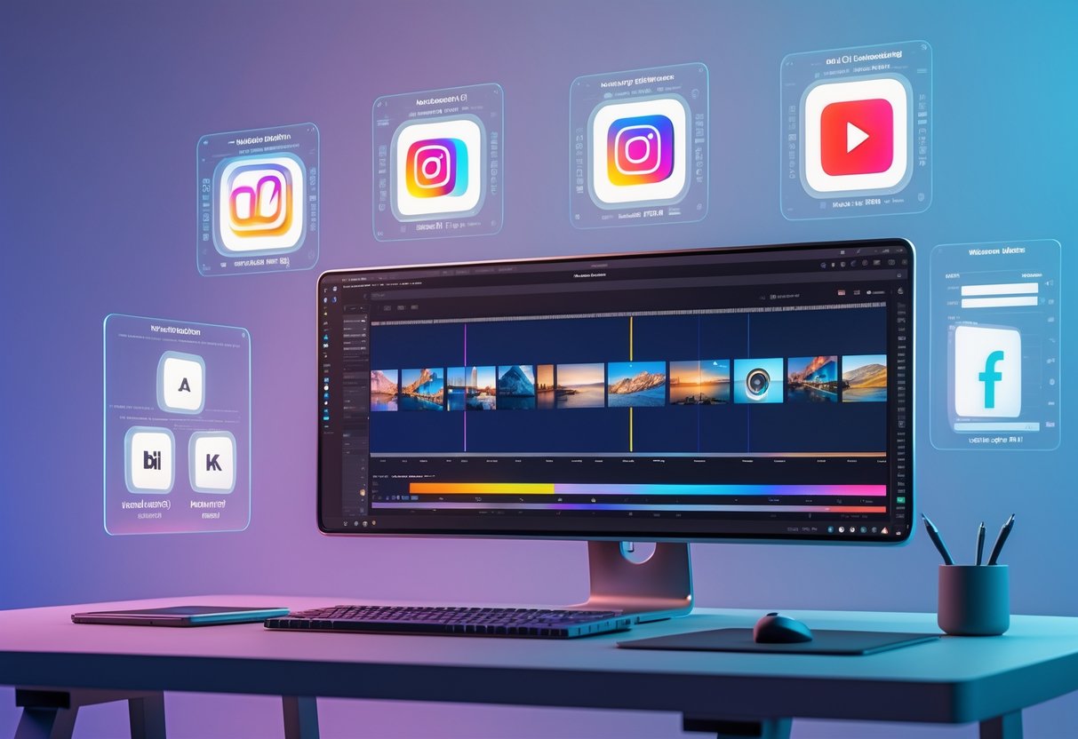 A 3D scene of a digital workspace with a computer showing a video editing timeline and floating panels displaying different social media aspect ratio grids.