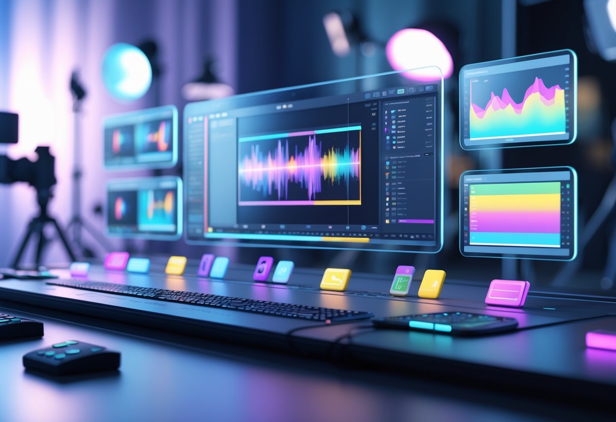 A 3D scene of a video editing workspace with floating holographic screens showing video timelines and colourful clips, surrounded by editing tool icons in a softly lit studio environment.
