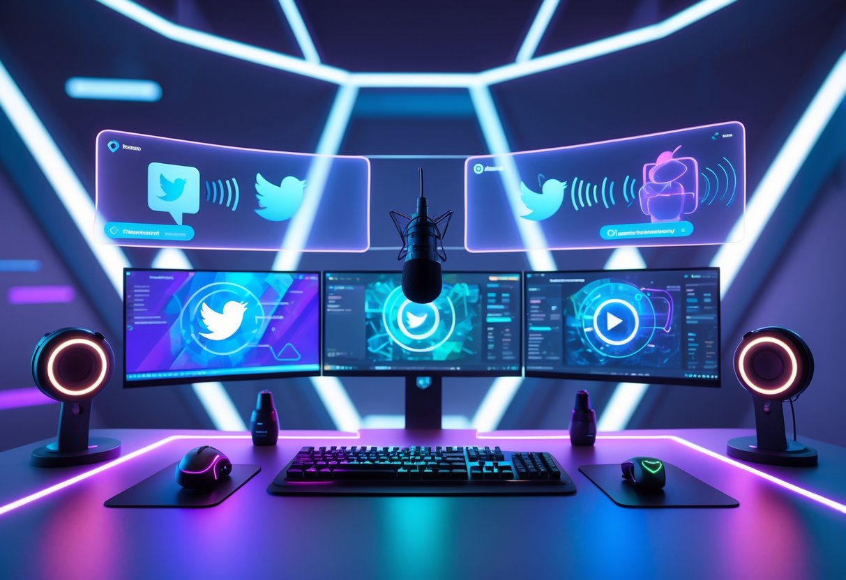 A 3D scene of a modern esports streaming setup with glowing monitors, gaming equipment, and holographic screens representing live audio chat and social media interaction.