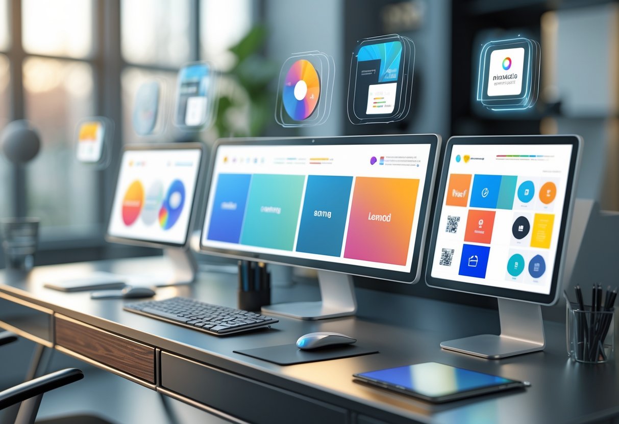 A 3D scene showing a modern workspace with digital screens displaying coordinated brand elements and floating icons representing optimisation and design tools.