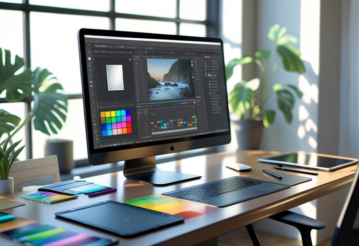 A 3D rendered digital workspace showing a computer with editing software, drawing tablets, and art supplies on a desk by a window.