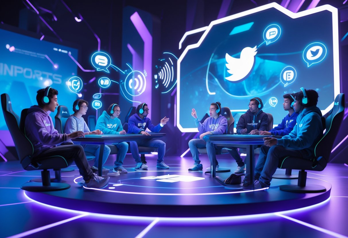 A group of gamers wearing headsets interacting on a virtual stage with glowing sound waves and social media icons around them.