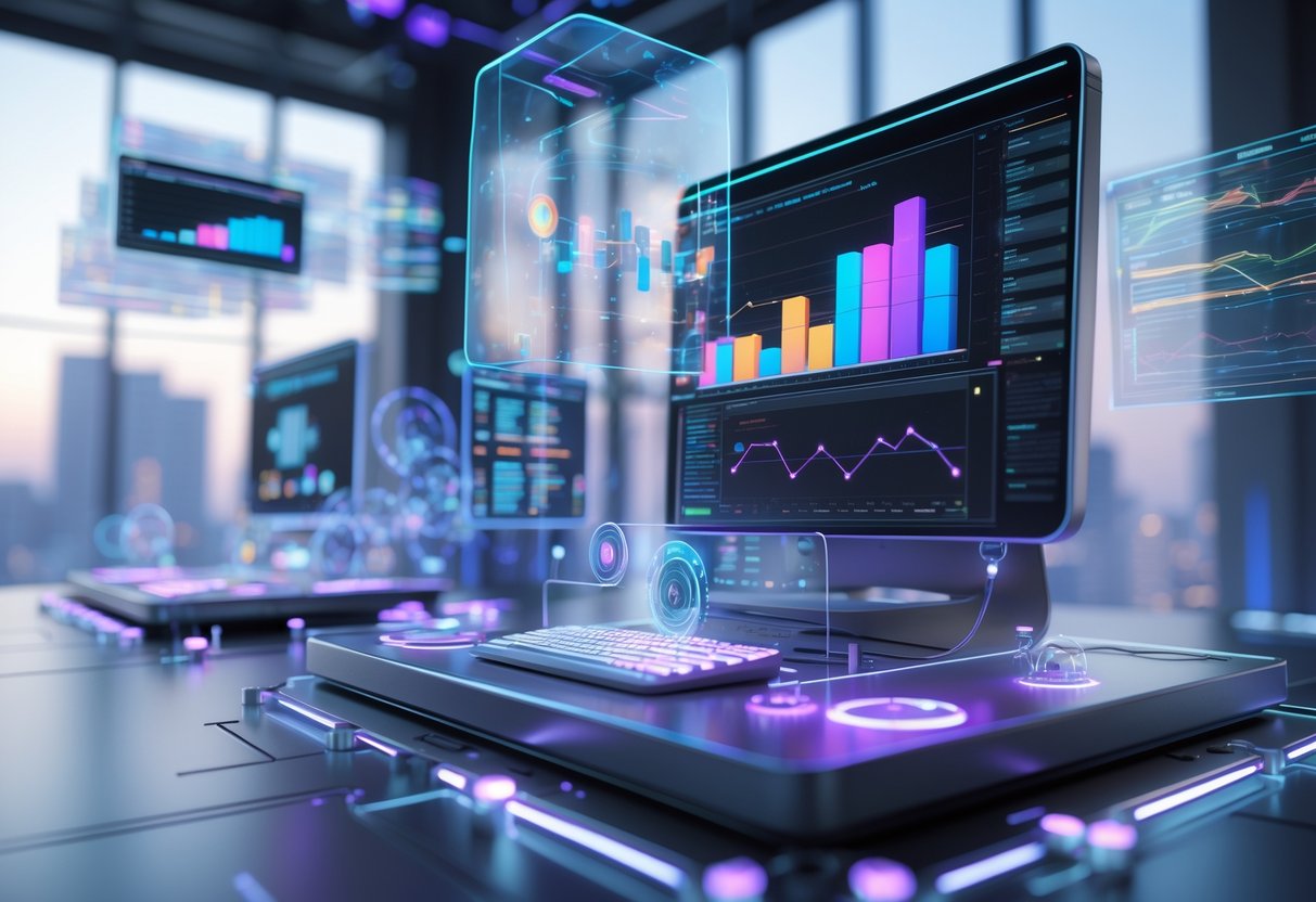 A futuristic control room with holographic screens showing graphs and images being analysed, centred around a modern workstation with glowing interfaces.