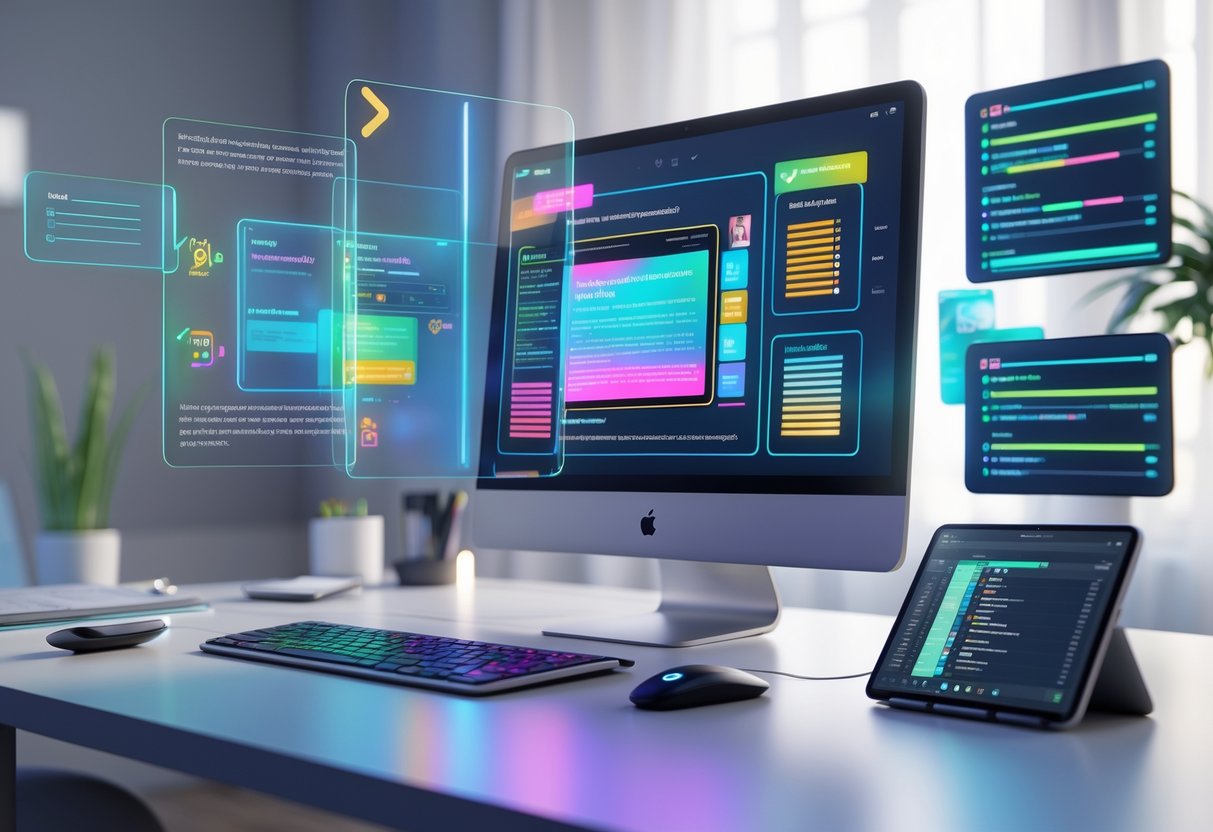 A 3D scene showing a computer setup with a digital interface highlighting sections of a frequently asked questions page and floating editing tools around the screen.