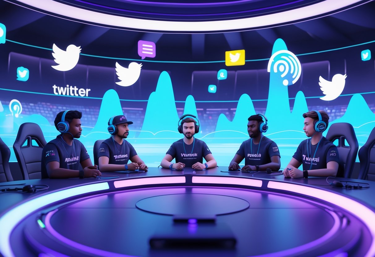 A 3D scene showing gamers wearing headsets in a futuristic room with holographic screens and floating social media icons, engaged in a live audio discussion.