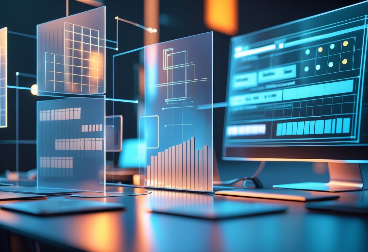A 3D scene showing a modern workspace with floating panels and holographic interfaces illustrating the arrangement and optimisation of typography elements for digital thumbnails.