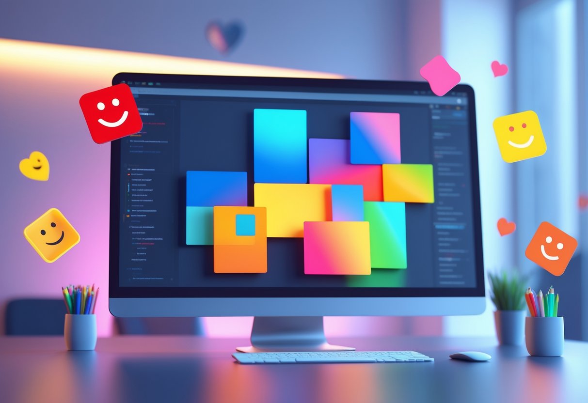 A 3D scene showing a computer screen with colourful blocks representing different emotions and user engagement symbols floating around it in a modern workspace.