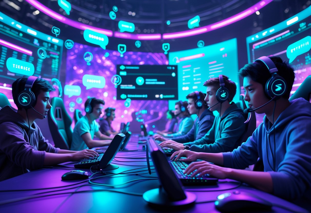 A 3D scene of gamers in a digital esports arena surrounded by holographic social media icons and screens showing live interactions.