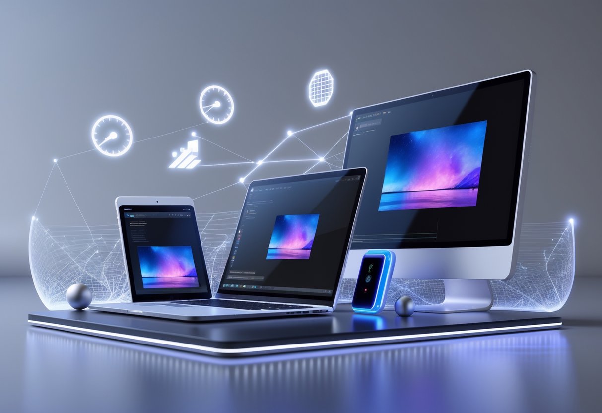 A collection of digital devices including a smartphone, tablet, laptop, and desktop showing optimised thumbnail images on their screens surrounded by glowing icons representing speed and image quality.