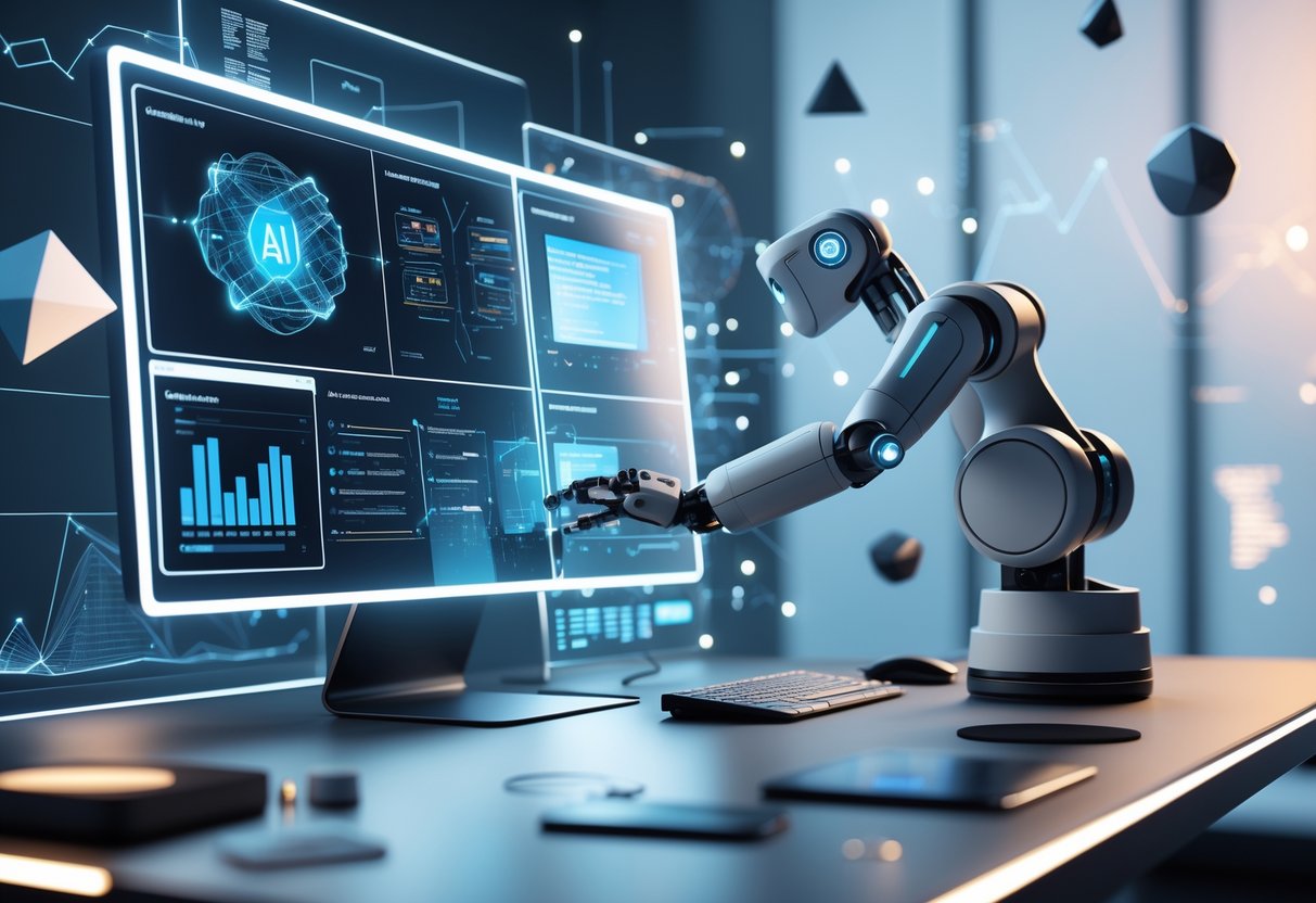 A modern workspace with holographic screens, a robotic arm, and floating digital elements representing AI and design tools working together.