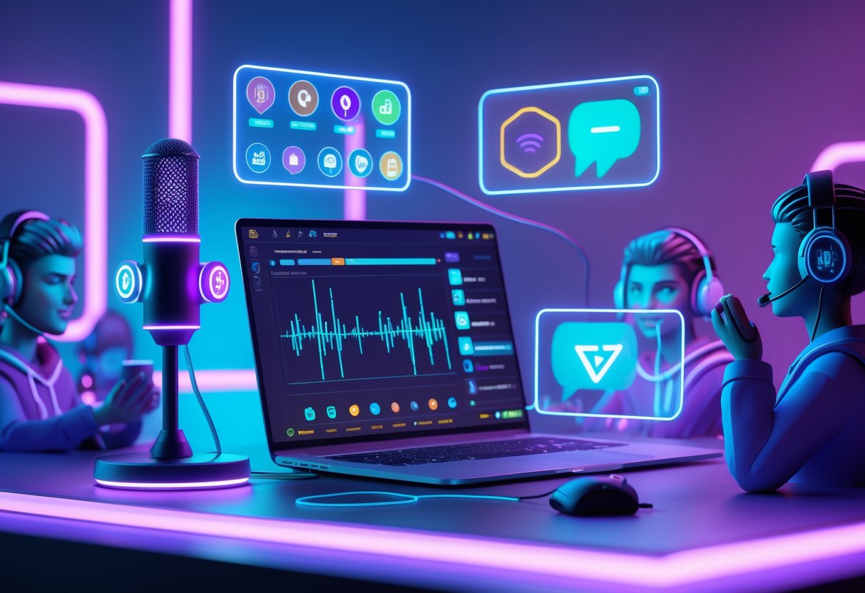 A 3D scene showing a digital studio with a microphone, laptop, holographic esports icons, and avatars wearing gaming headsets engaged in conversation.