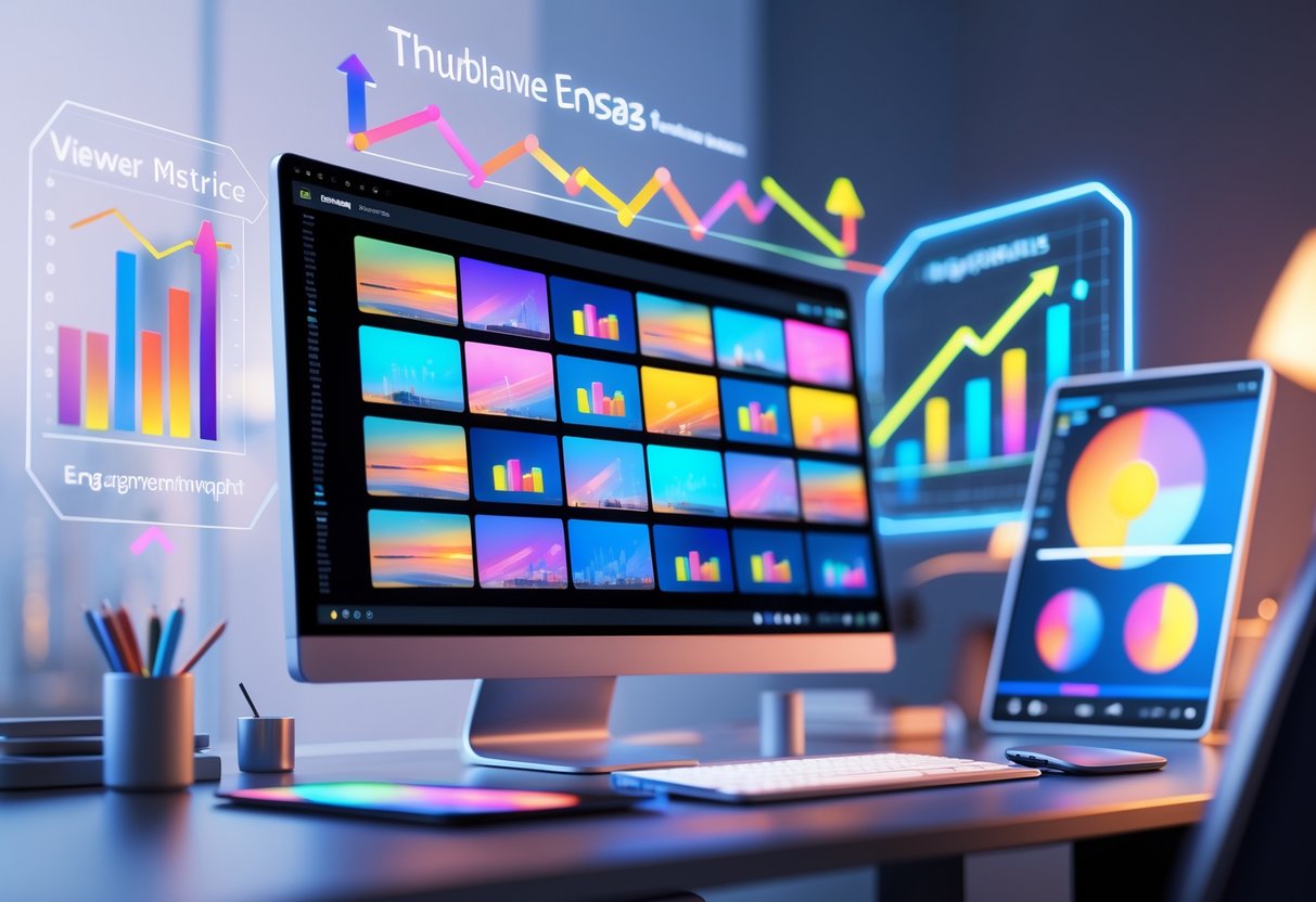 A computer monitor showing colourful thumbnails and floating charts indicating rising engagement, surrounded by digital design tools on a desk.