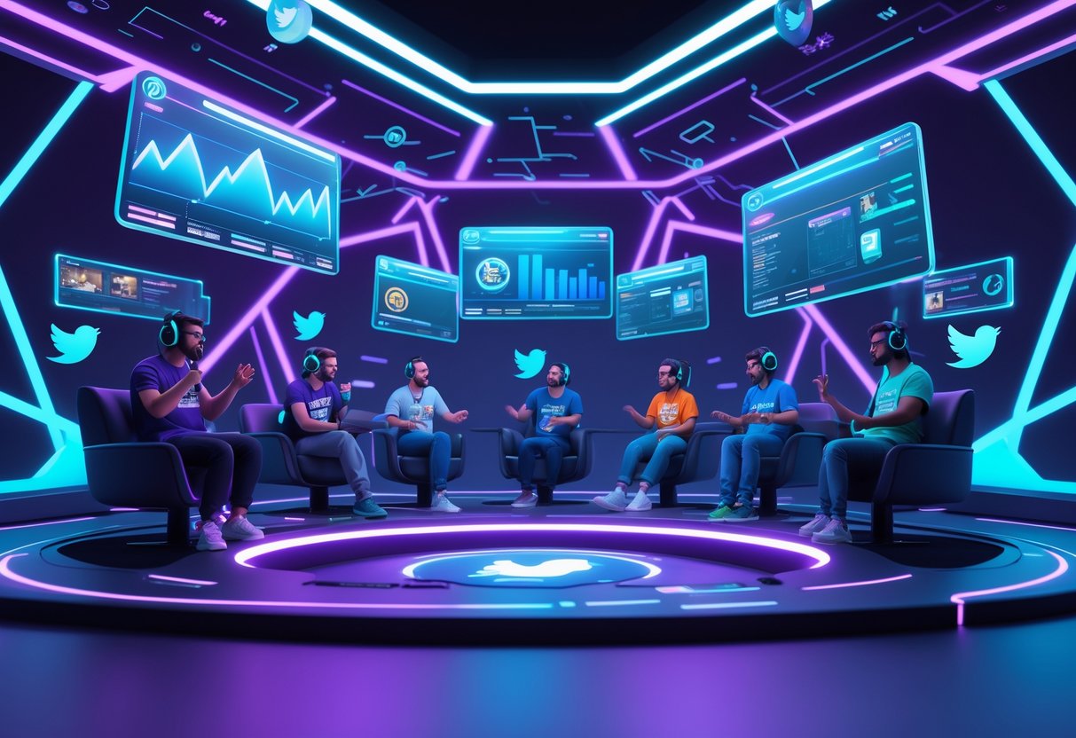 A digital auditorium with diverse avatars wearing gaming headsets, holographic screens showing esports content, and glowing neon lights creating an energetic virtual space.