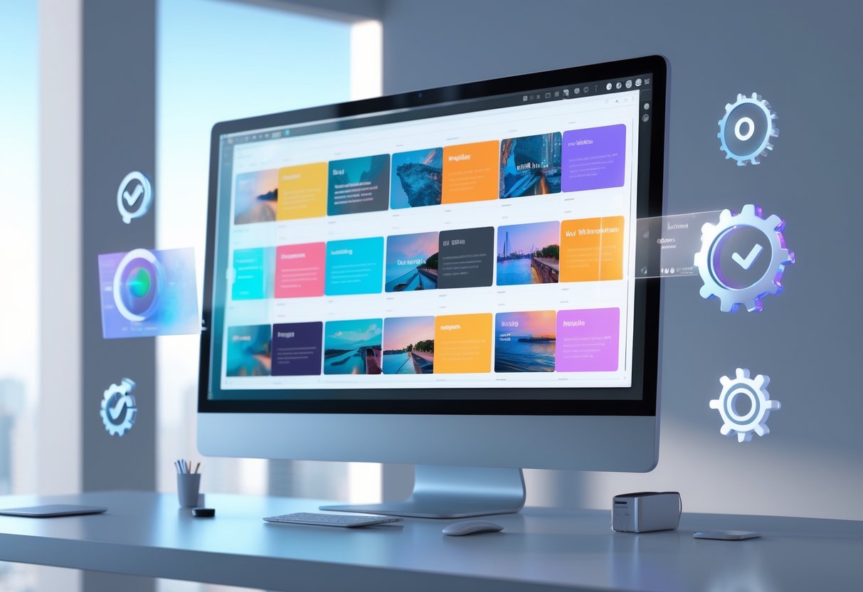 A 3D scene showing a computer screen with colourful thumbnail images and floating icons representing optimisation in a clean workspace.
