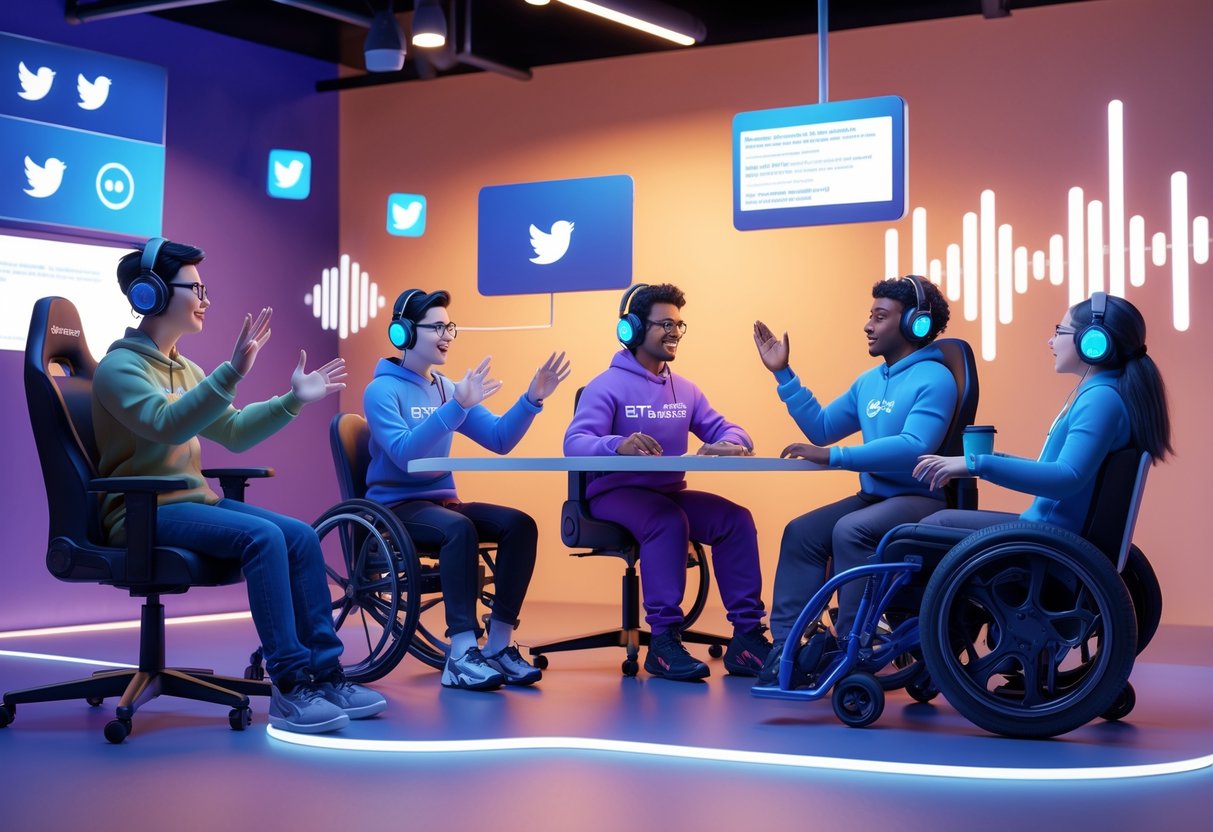 A 3D scene showing diverse gamers and commentators in a virtual esports audio room with assistive technologies like sign language interpreters and closed captioning, fostering an inclusive and accessible environment.