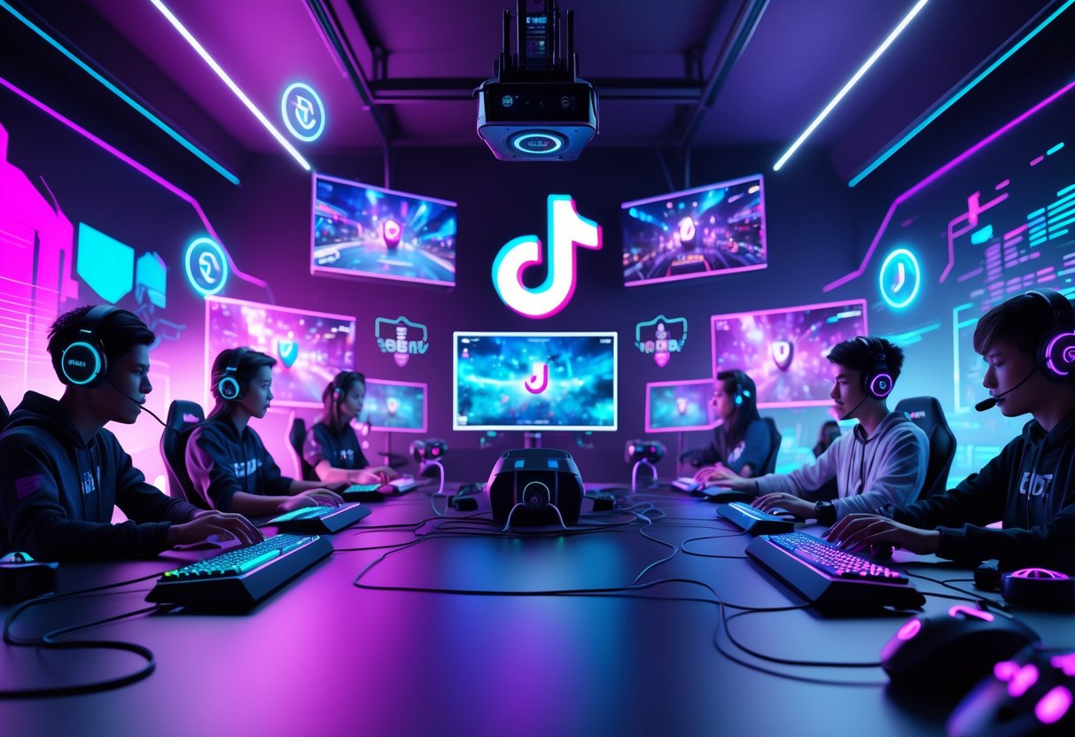 A futuristic gaming room with multiple monitors showing esports gameplay and a group of gamers playing, surrounded by colourful neon lights and holographic gaming icons.