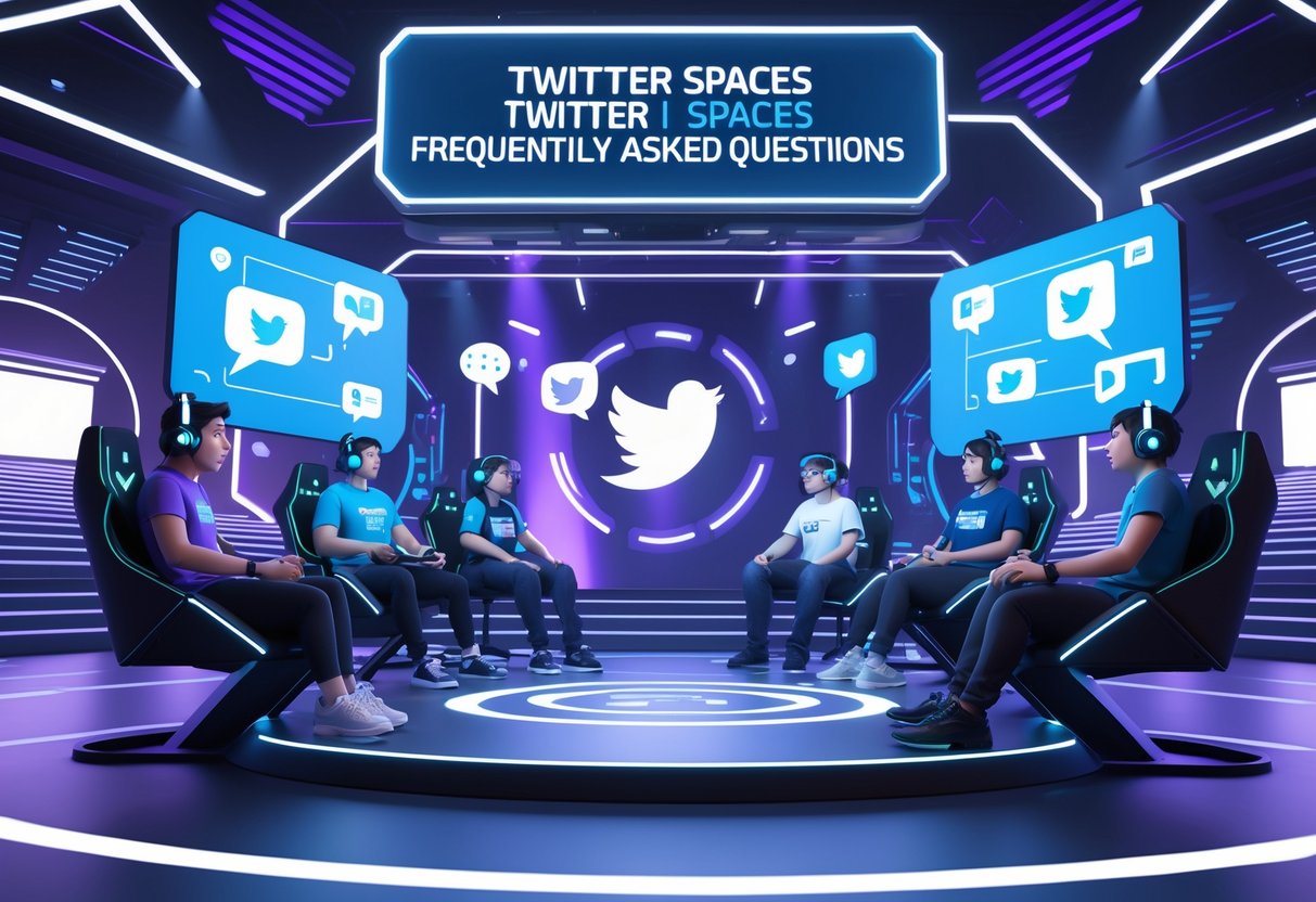 A digital esports event with avatars discussing on a futuristic stage surrounded by holographic screens and vibrant lighting.