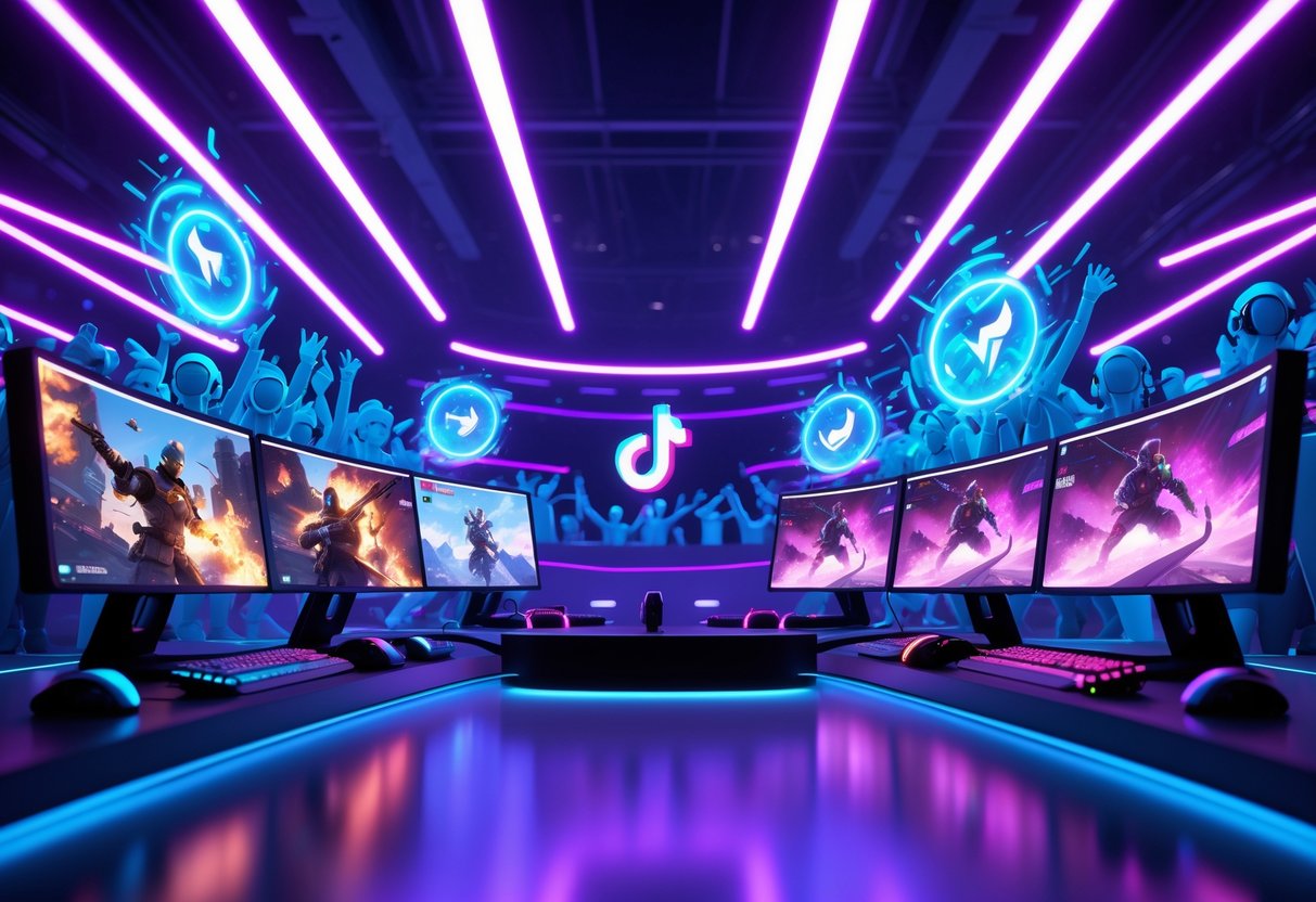 A colourful esports gaming arena with multiple curved screens showing intense gameplay, surrounded by gaming equipment and cheering digital avatars under neon lights.