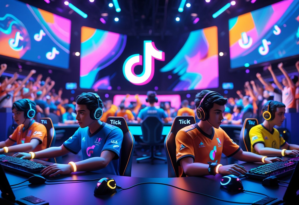 A 3D scene showing esports players in colourful team jerseys competing in a high-tech arena with digital screens and cheering fans.