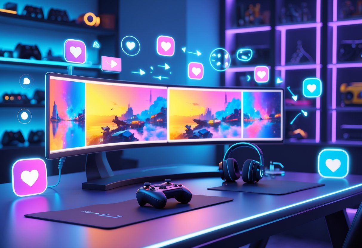 A gaming setup with a curved monitor showing colourful gameplay clips and floating social media icons around it in a softly lit room.
