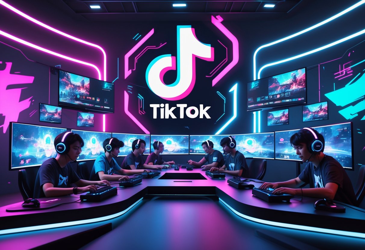 A group of gamers playing esports in a high-tech studio with colourful lighting and multiple screens showing gameplay.