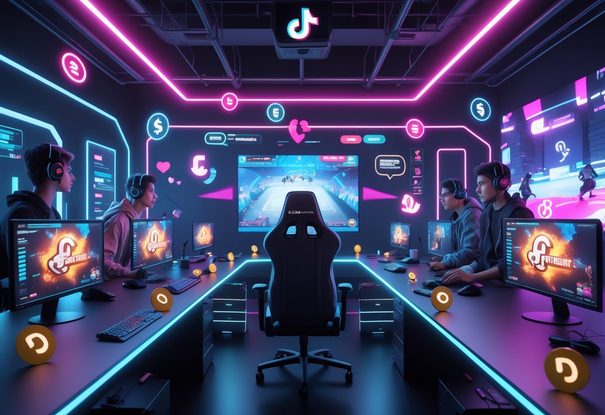 A 3D scene showing a group of young gamers streaming esports content with glowing monitors, virtual coins, and social media icons around them in a futuristic gaming studio.