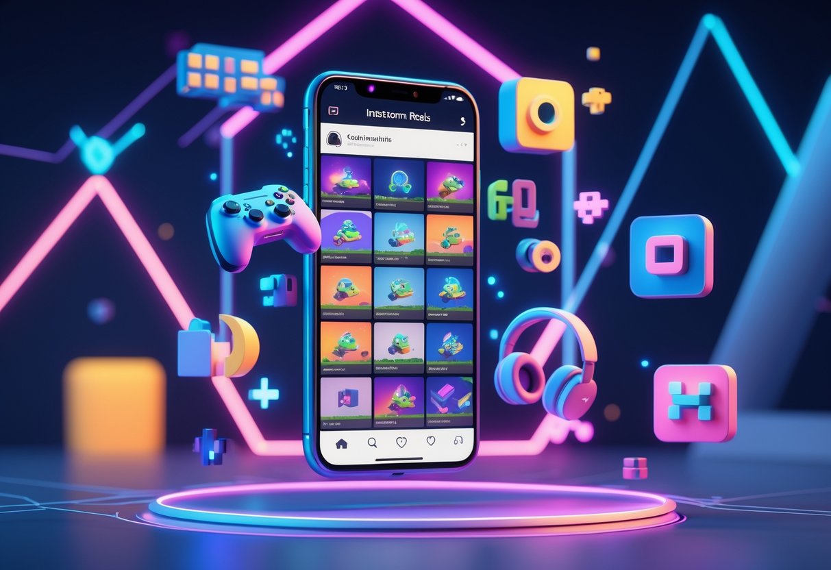 A 3D scene showing a floating smartphone displaying gaming video clips surrounded by gaming icons like controllers and characters in a glowing digital environment.