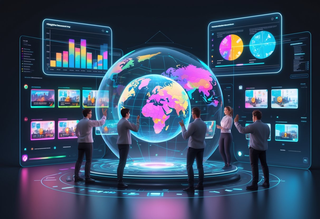 A 3D scene showing analysts interacting with holographic data displays and a glowing globe, visualising regional trends and audiences for esports content.