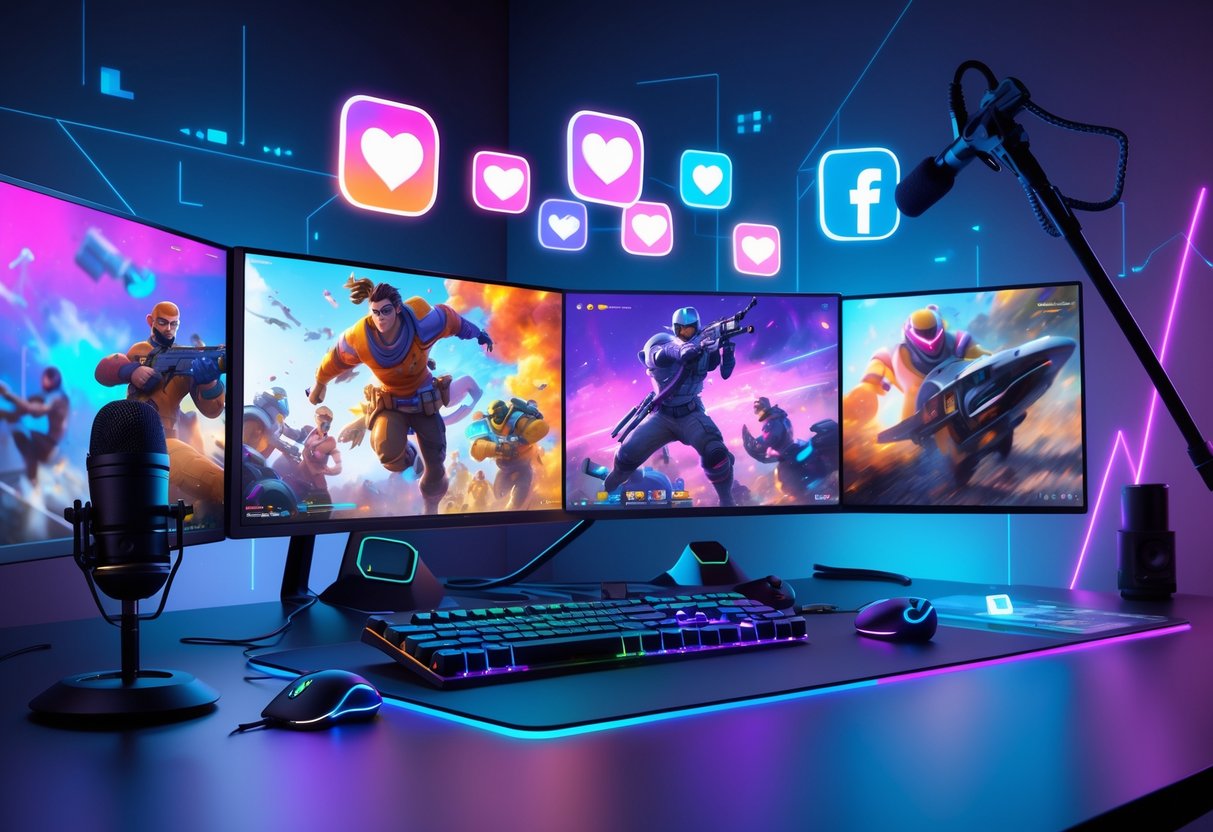 A gaming desk with multiple monitors showing colourful game scenes, surrounded by gaming accessories and glowing neon lights, with floating social media icons around it.