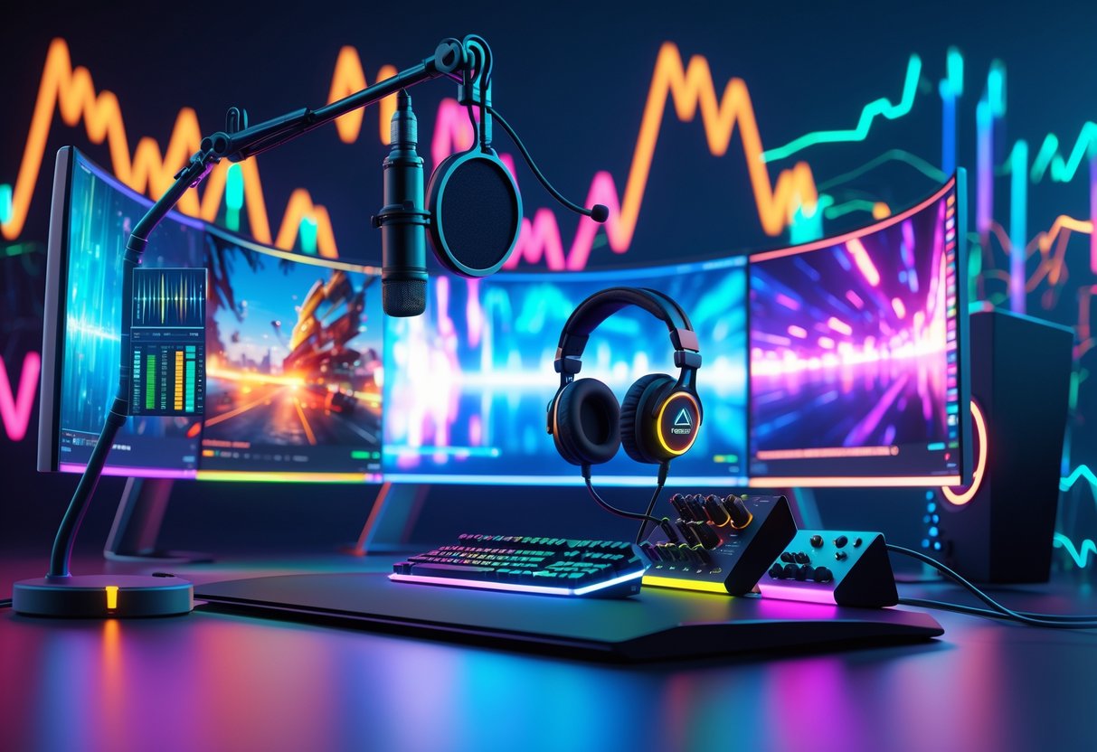 A gaming desk setup with a microphone, headphones, audio mixer, and multiple monitors showing gaming visuals and sound wave animations in a colourful lit room.