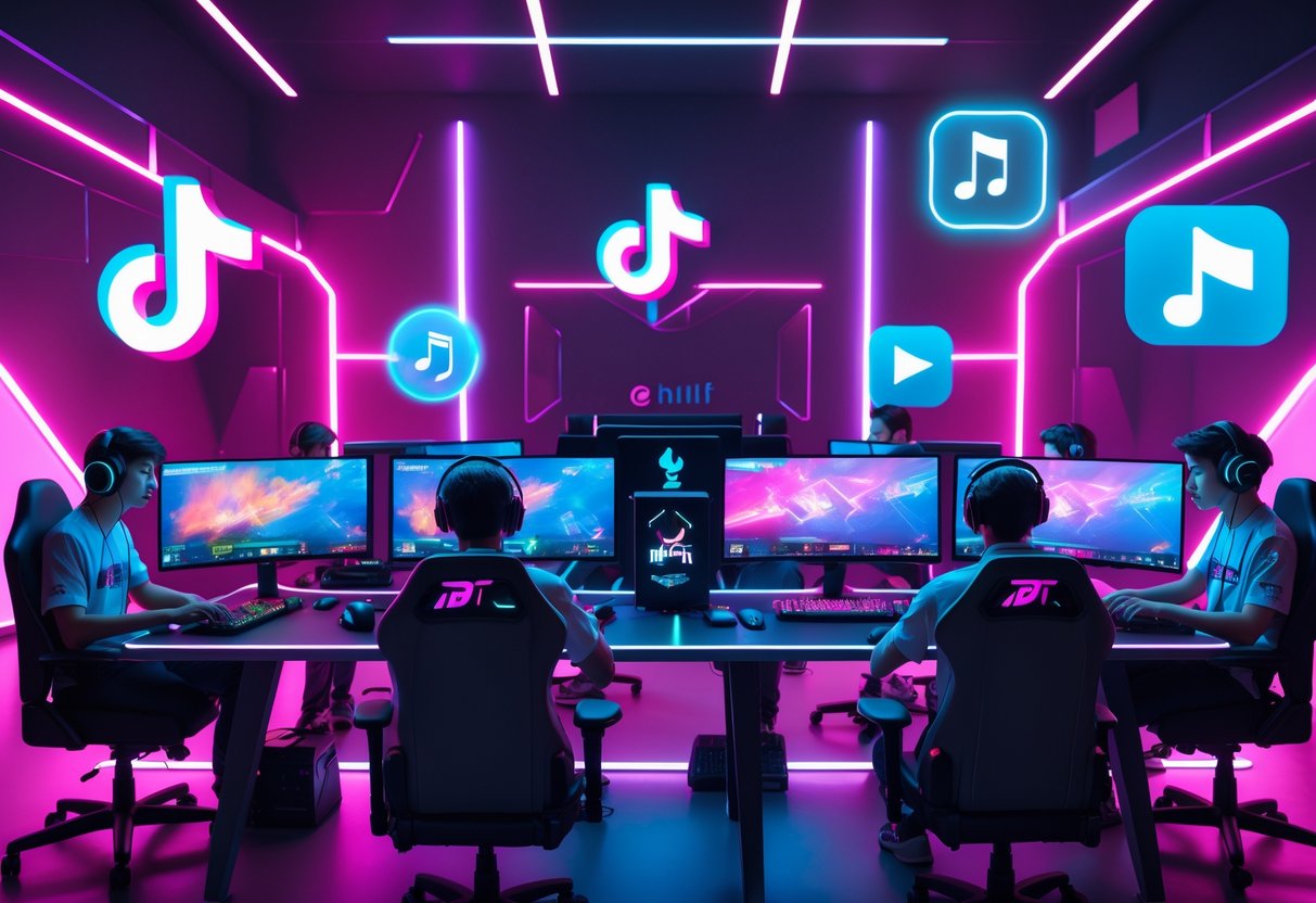 A 3D scene showing a modern esports studio with gamers playing on multiple monitors surrounded by colourful neon lights and floating holographic icons.