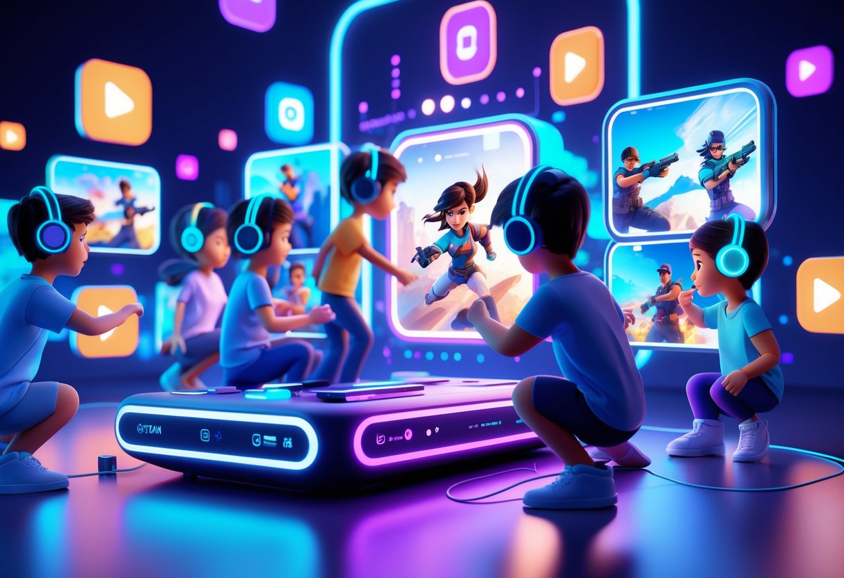 A futuristic gaming setup with glowing consoles and holographic screens showing gaming clips, surrounded by gamers interacting with digital elements.