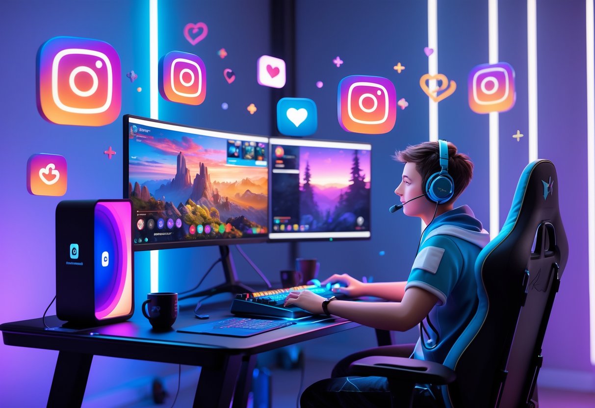A gamer sitting at a desk with multiple screens showing gameplay, surrounded by floating social media icons and engagement symbols in a softly lit room.
