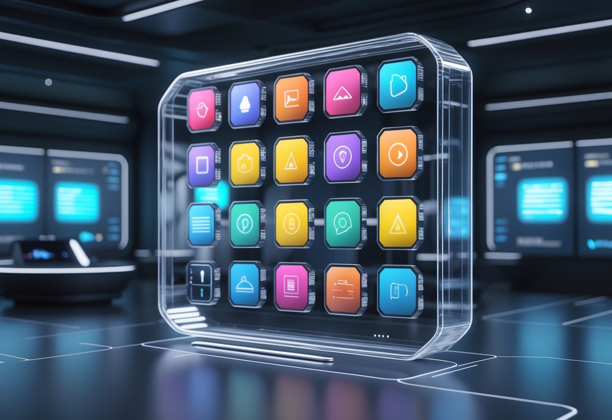 A 3D digital dashboard showing a floating alert box with colourful alert icons and interactive controls in a dark high-tech room.
