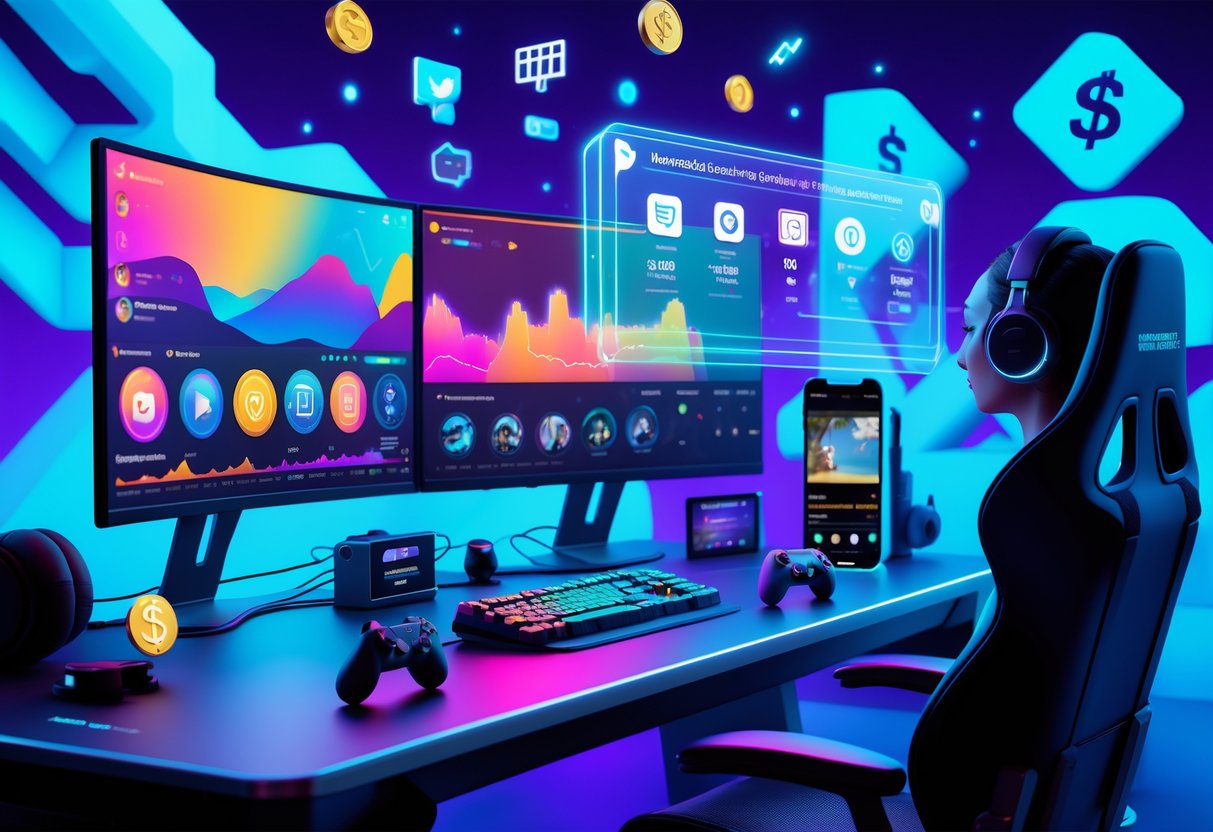 A gaming creator's workspace with multiple screens showing gameplay and analytics, floating icons representing monetisation, and a holographic interface displaying social media video thumbnails.