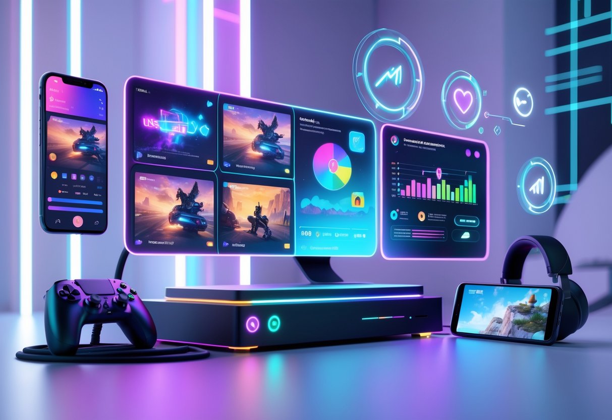 A futuristic gaming setup with holographic screens showing gaming clips and analytics, a gaming console with glowing lights, a headset, and a smartphone displaying a short gaming video in a modern room.