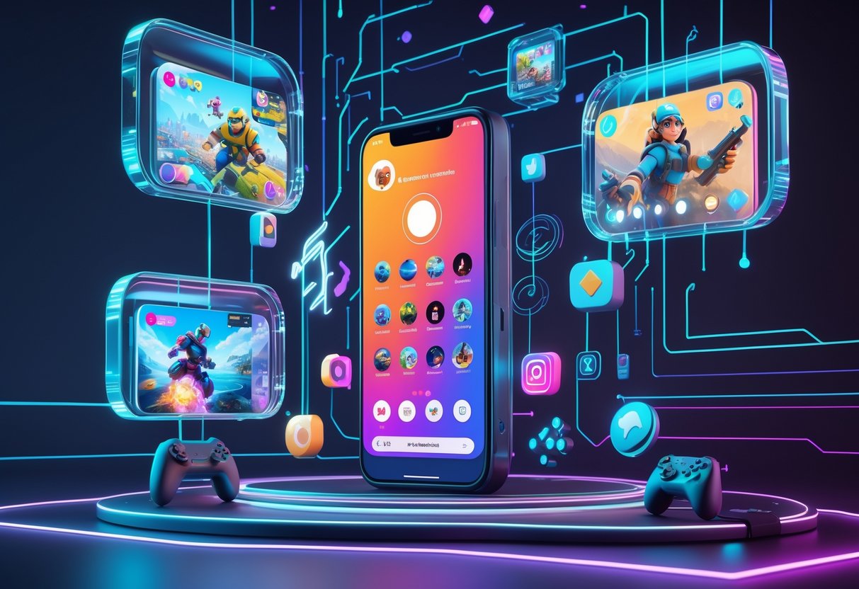 A futuristic digital scene showing a smartphone with floating holographic gaming clips and icons around it, representing gaming content on a social media platform.