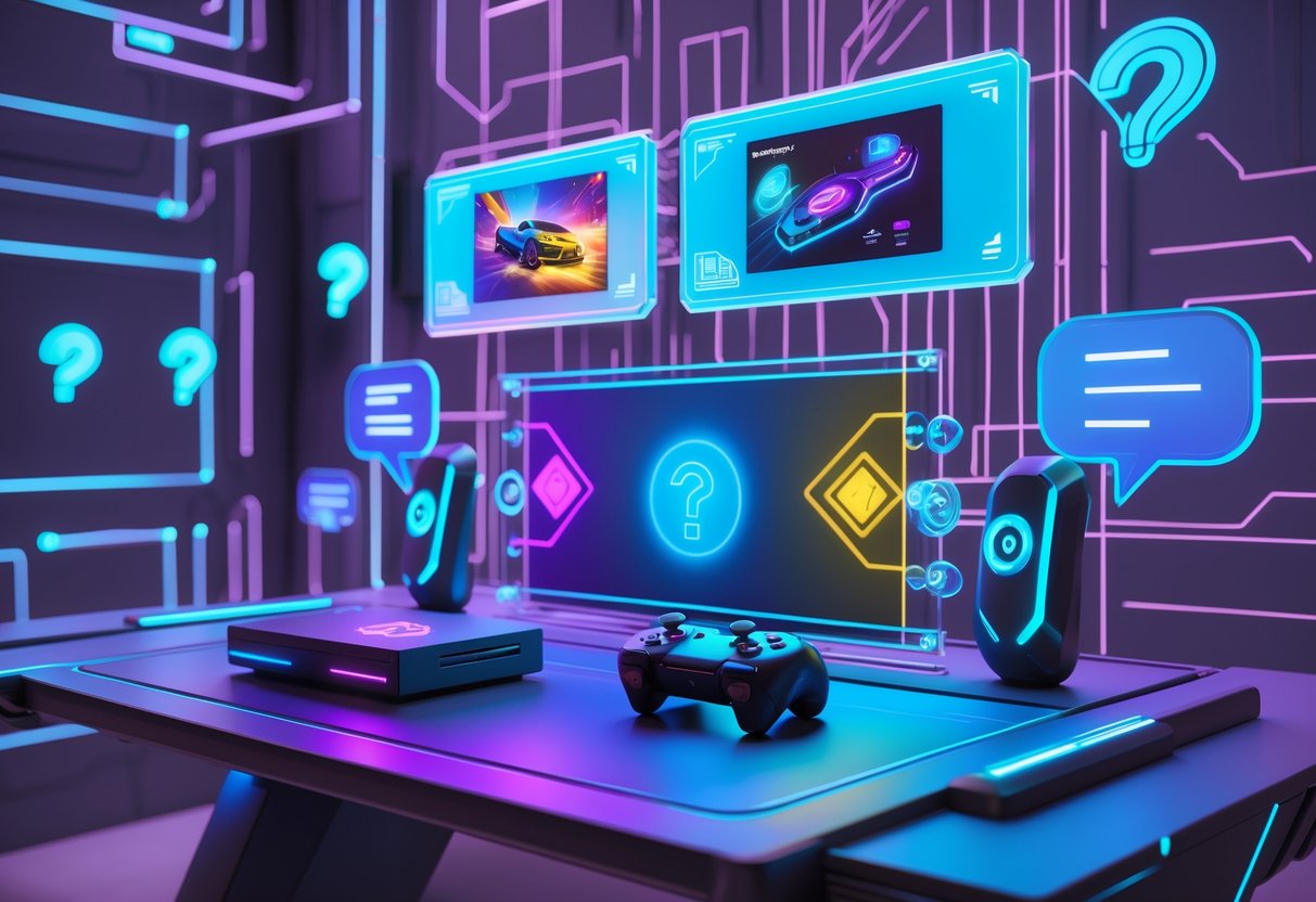 A futuristic gaming setup with holographic screens, a gaming console, and glowing question mark symbols in a digital environment.