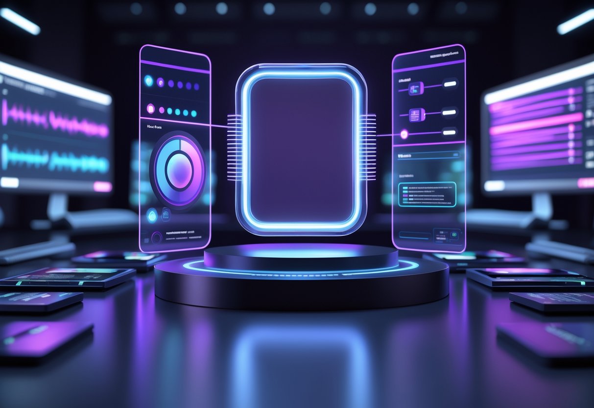 A 3D scene showing a floating alert box with glowing borders surrounded by interactive controls in a dark streaming studio environment.