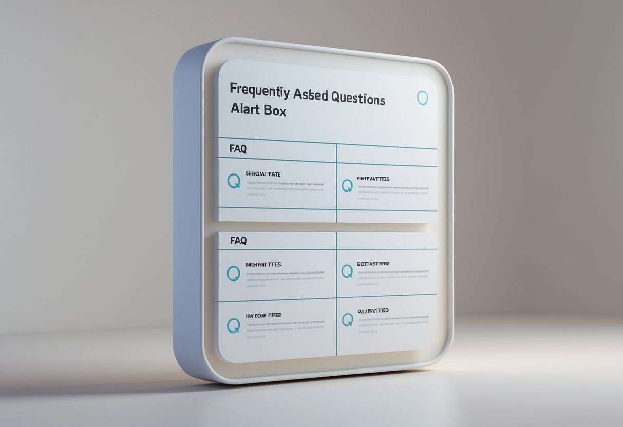 A 3D rendered alert box showing multiple question mark icons and placeholder lines representing frequently asked questions.